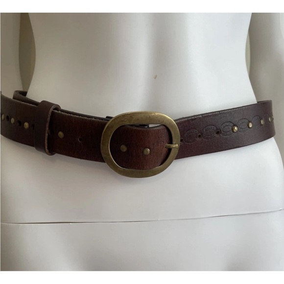 VTG Brown Leather TOOLED Belt Hippie Style 70s Women's Sz L Brass Buckle Studs - Picture 5 of 14